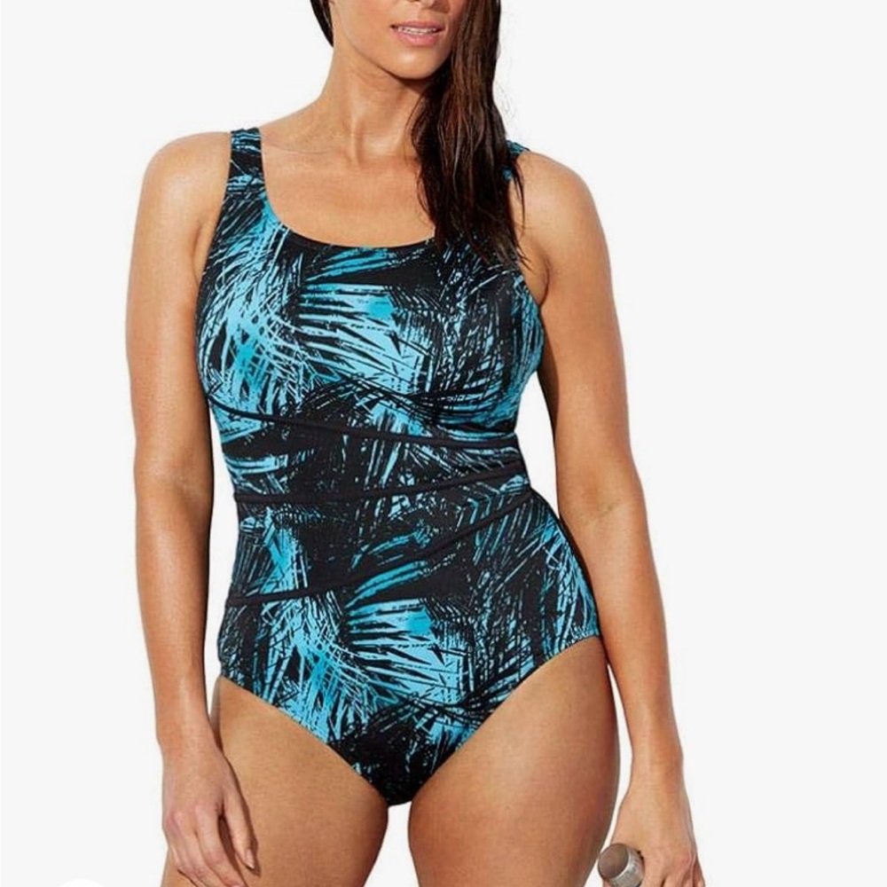 Swimsuits For All One Piece Swimsuit Sz 8 Blue Tropical Tummy Control Padded